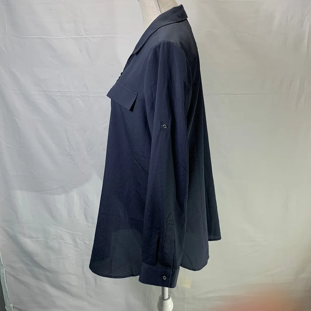 Calvin Klein Gray/Blue Long Sleeve Front Lace Up Sheer Dress Shirt Large - Image 4