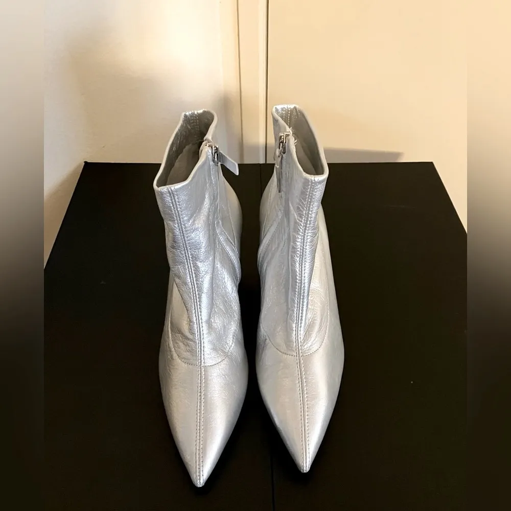 Zara Leather Silver Metallic Pointed Toe Sock Ankle Booties - Image 12