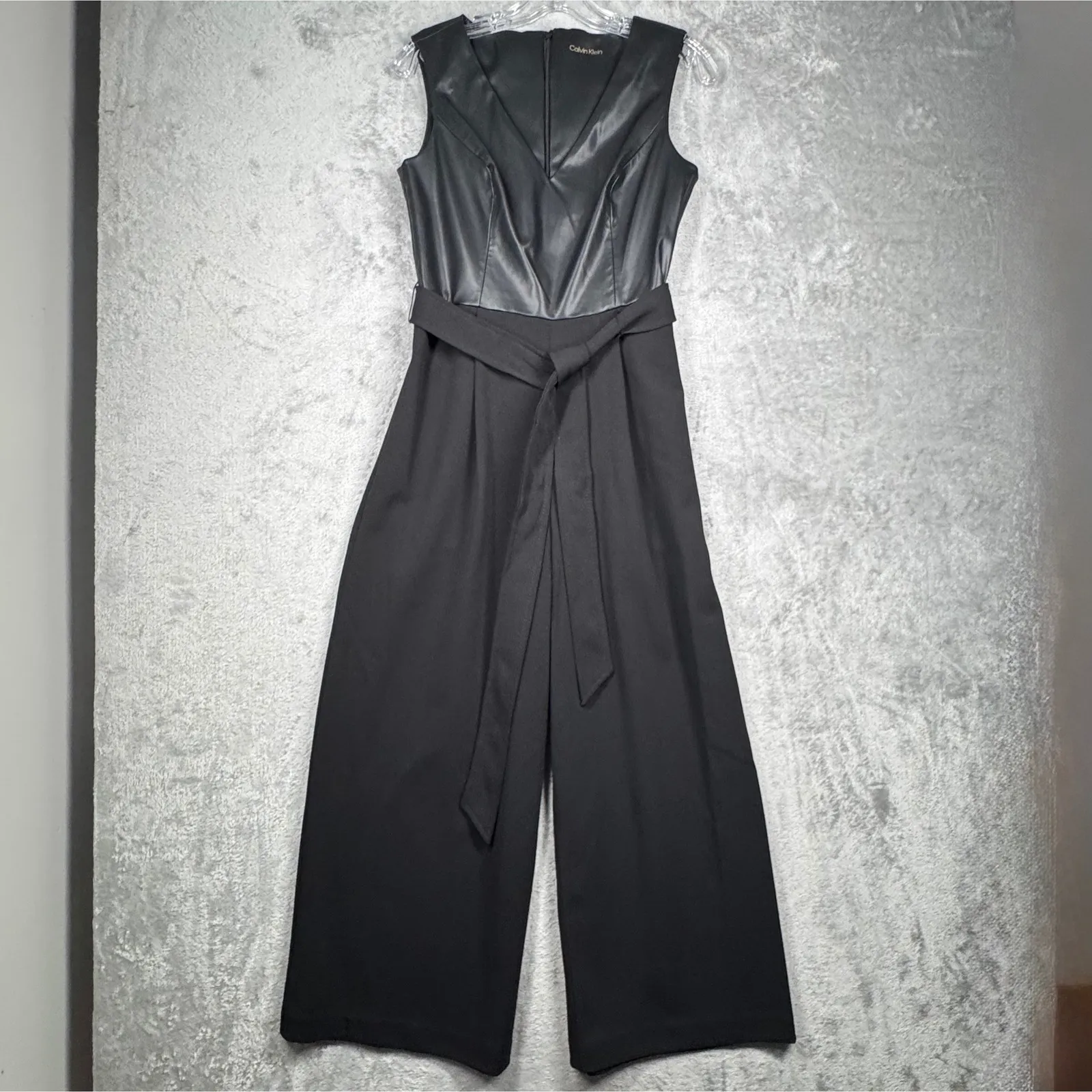 Calvin Klein Jumpsuit XS Black Faux Leather Wide Leg V-Neck Tie Waist Formal - Image 2