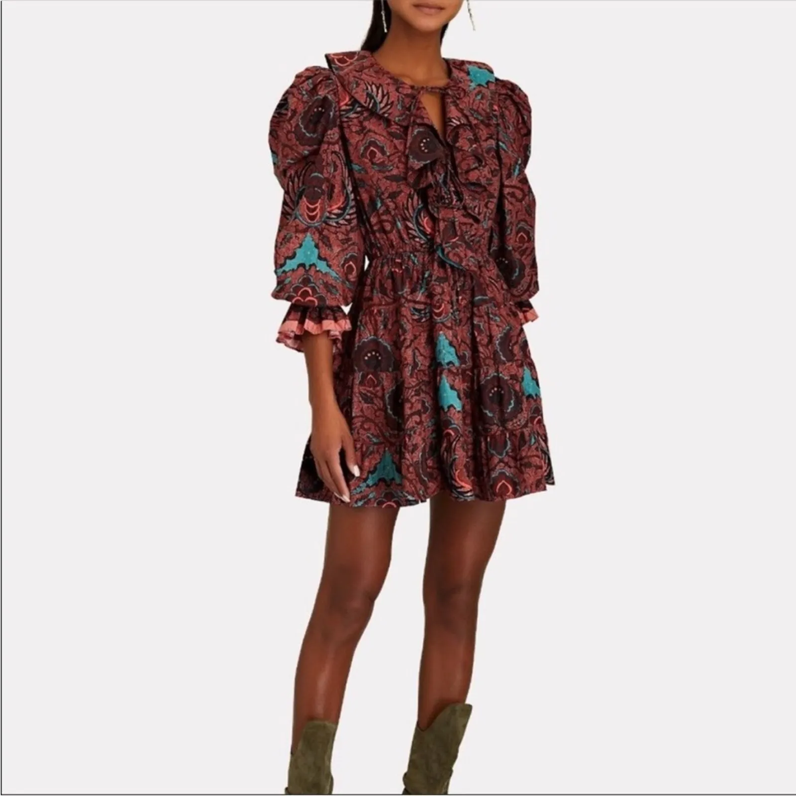 Ulla Johnson Women's Red Caris Carmine Batik Floral Puff Sleeve Mini Dress NEW 6 - Image 10