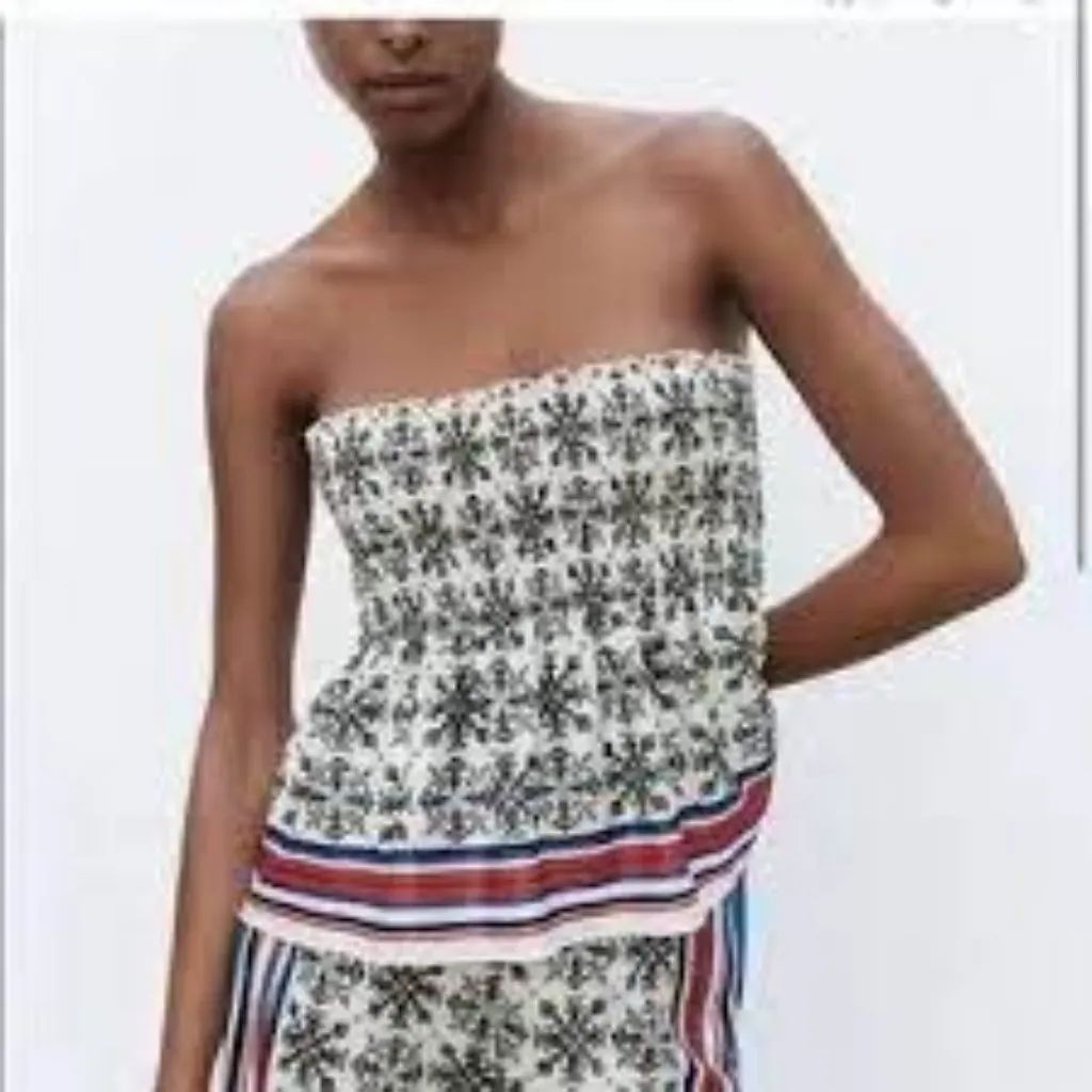 Zara Women Size L Smocked Floral Strapless Peplum Top With Striped Hem - Image 2