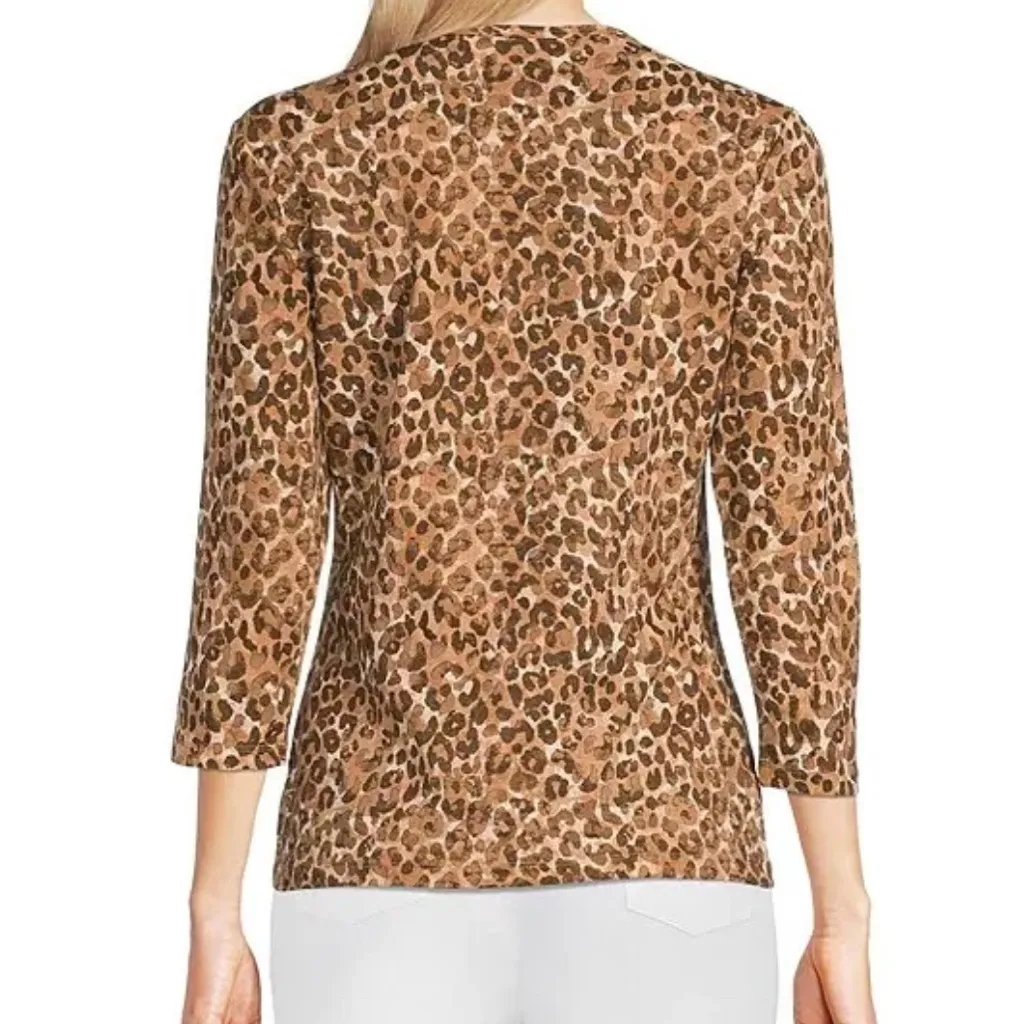 J.McLaughlin Micro Watercolor Cheetah Print Knit Jersey Crew Neck Tee Sz M Brown - Image 2