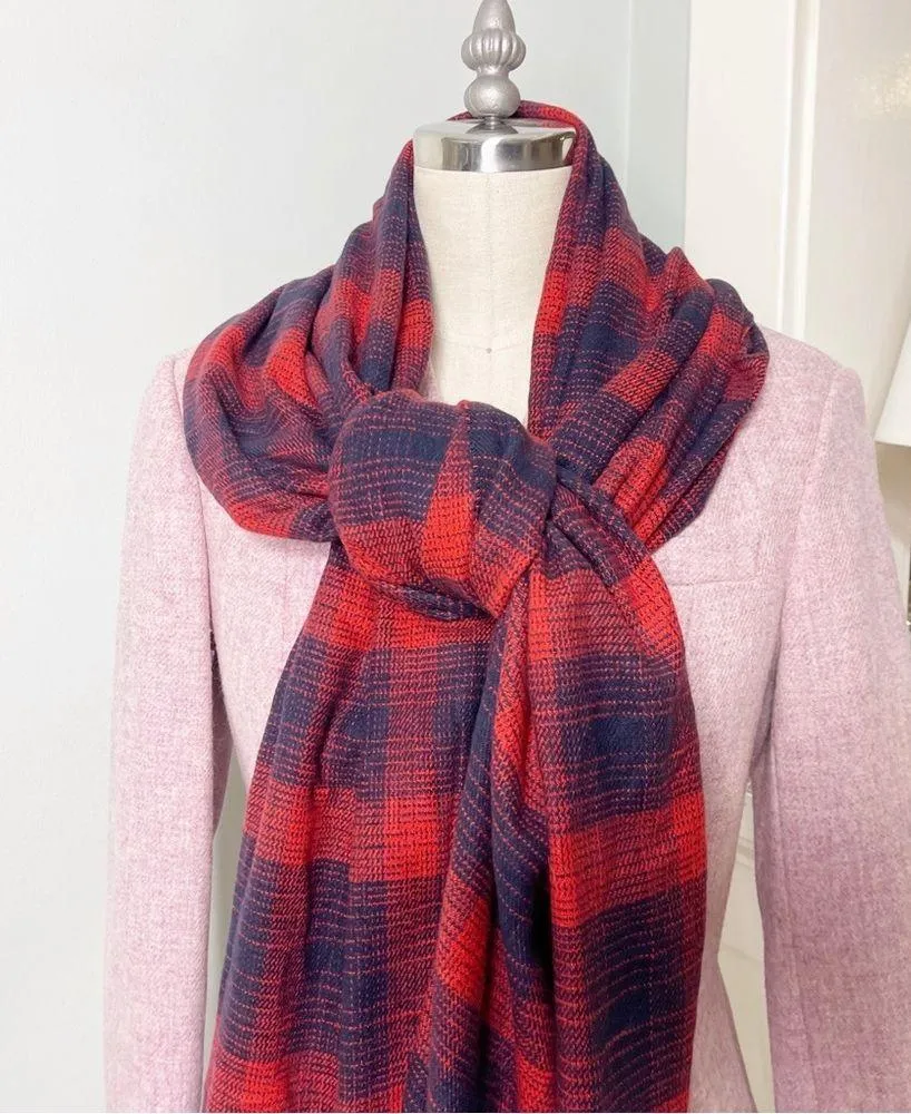 Banana Republic Navy Blue & Red Plaid Fringe Scarf - Image 4