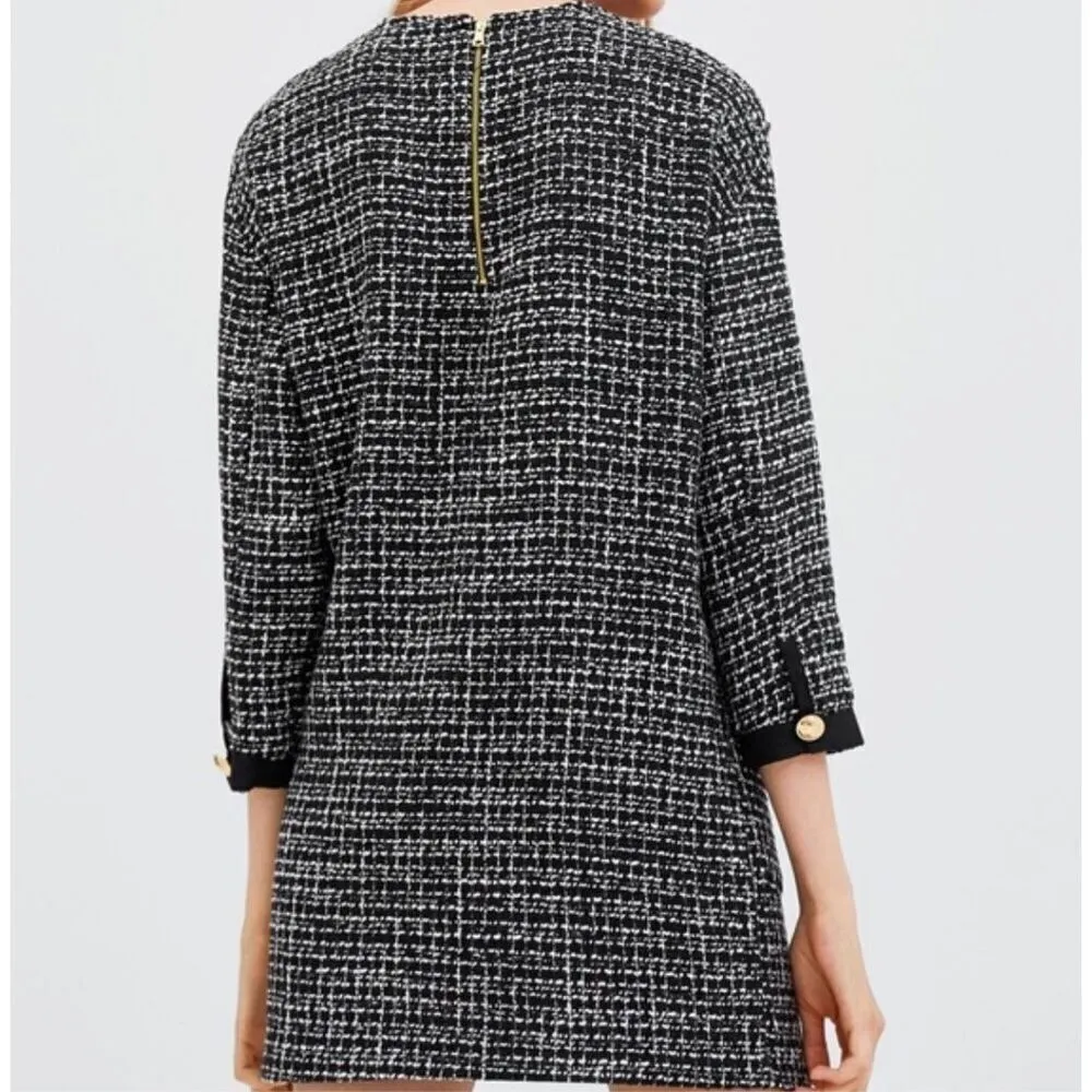 ZARA | TRF Collection Black White Tweed Shift Dress Gold Buttons Mini | Medium - Image 4