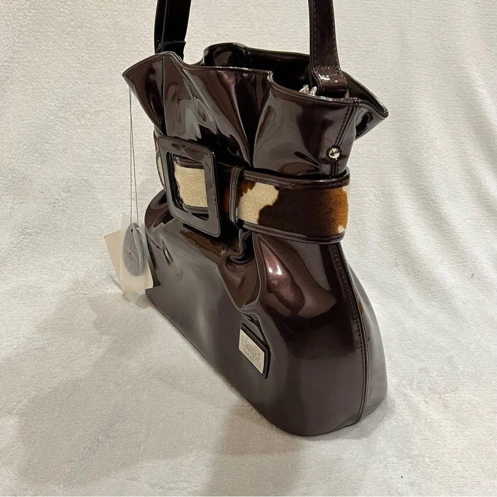 Beijo Copper Brown Patent Leather Bag with Cow Hair Detail NWT - Image 4