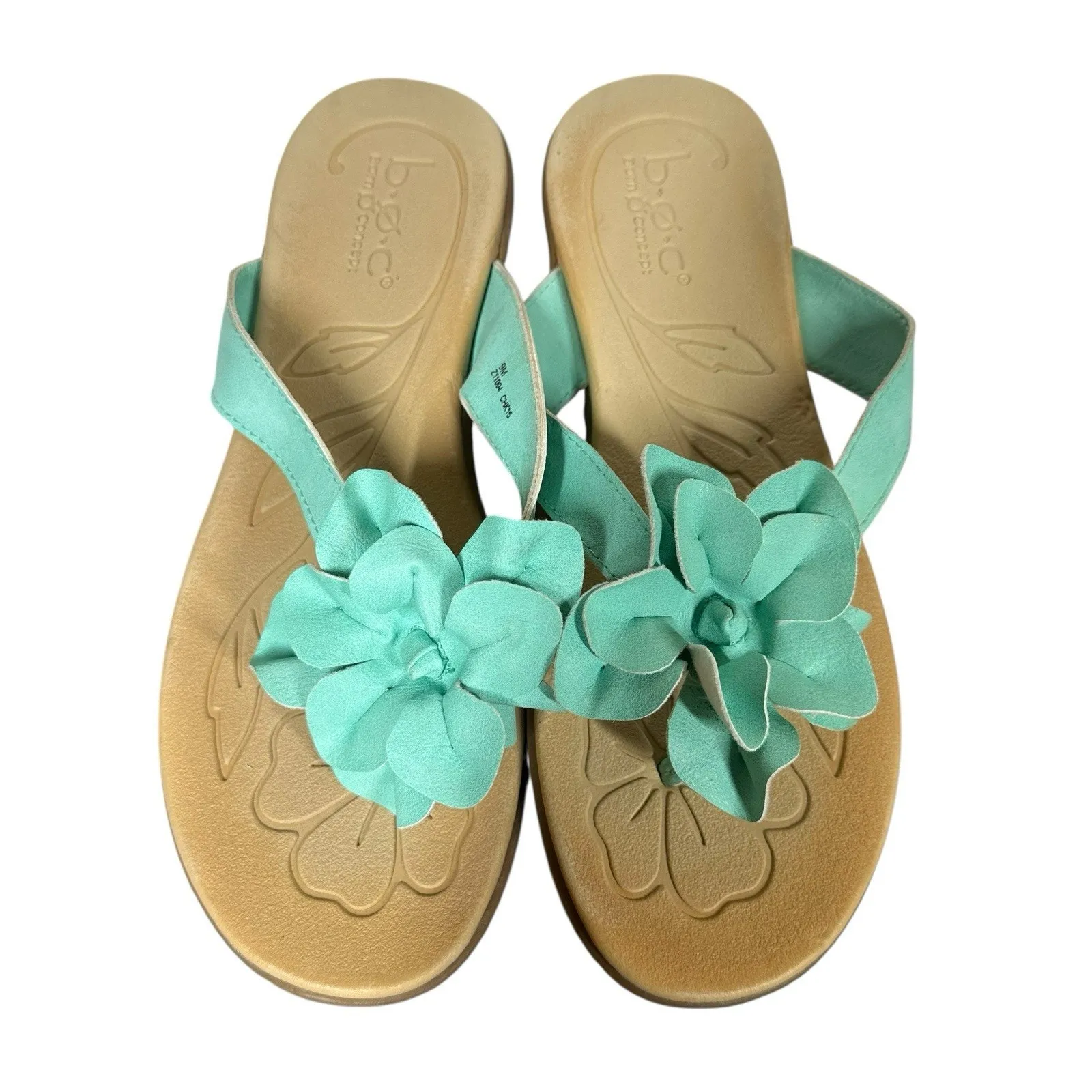 Born boc Mint Green Leather 3D Flower Flip Flop Comfort Thong Sandals Womens 9M Size 9 - Image 9