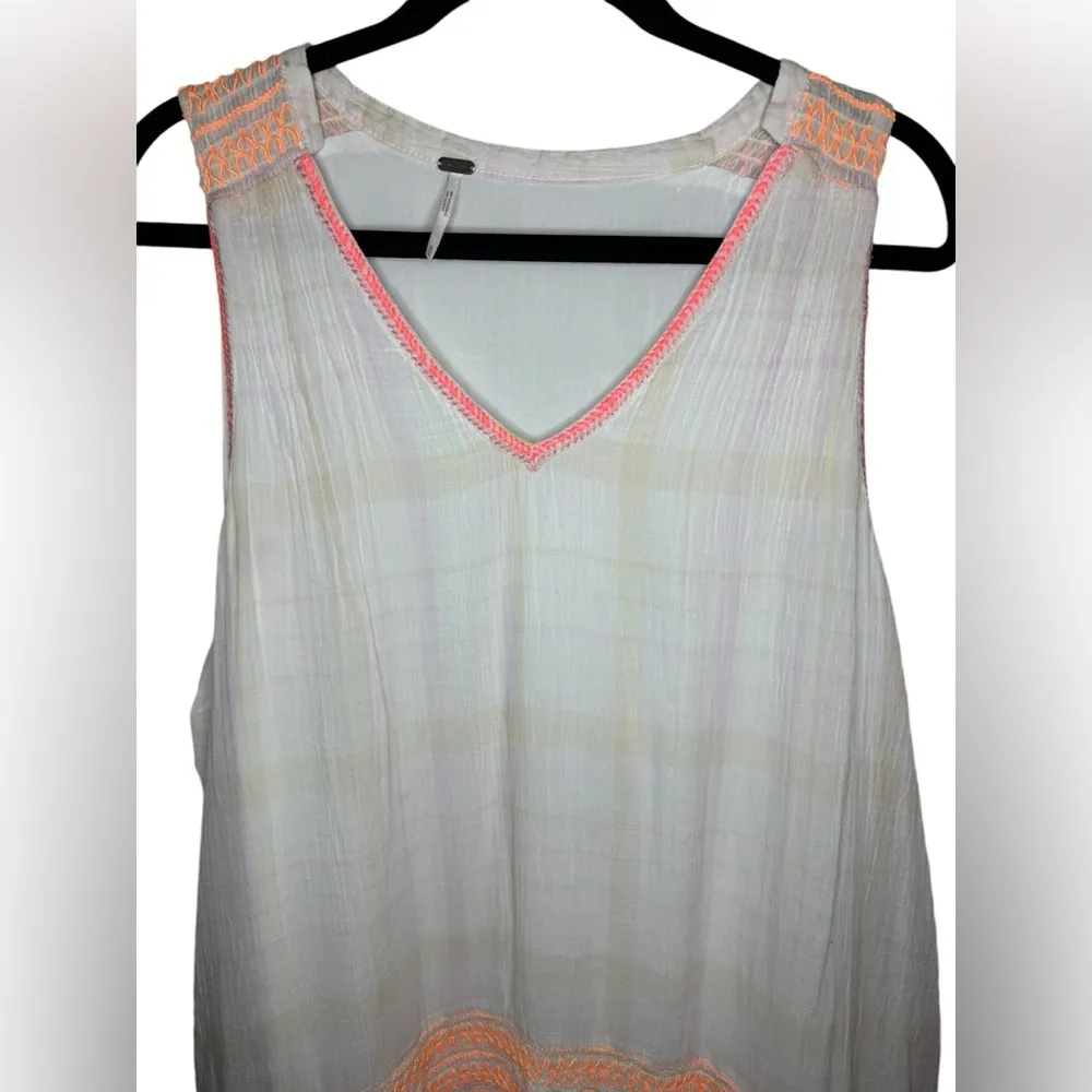 Free People Ivory Run With Me Plaid Mini Dress Size M Neon Orange Embroidery - Image 3