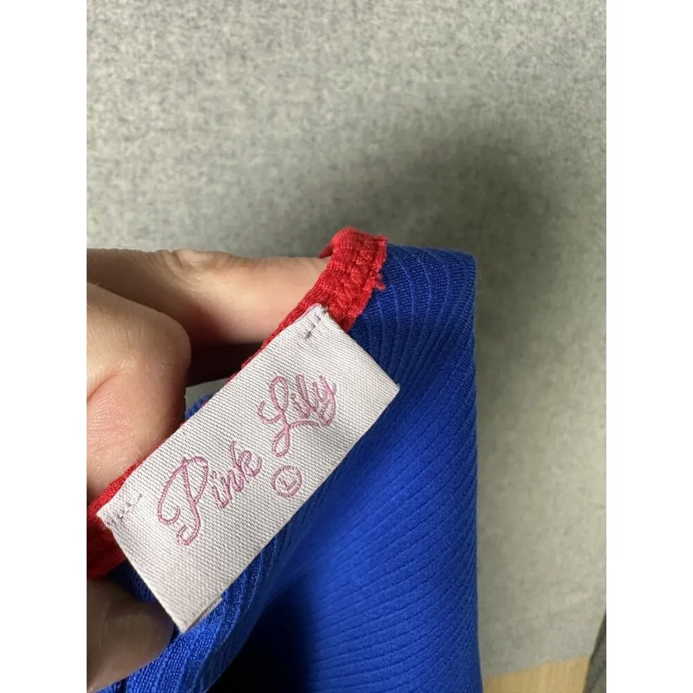 Pink lily Womens One Piece Blue Red Swimsuit Large High Thigh Scoop Neck Back - Image 9