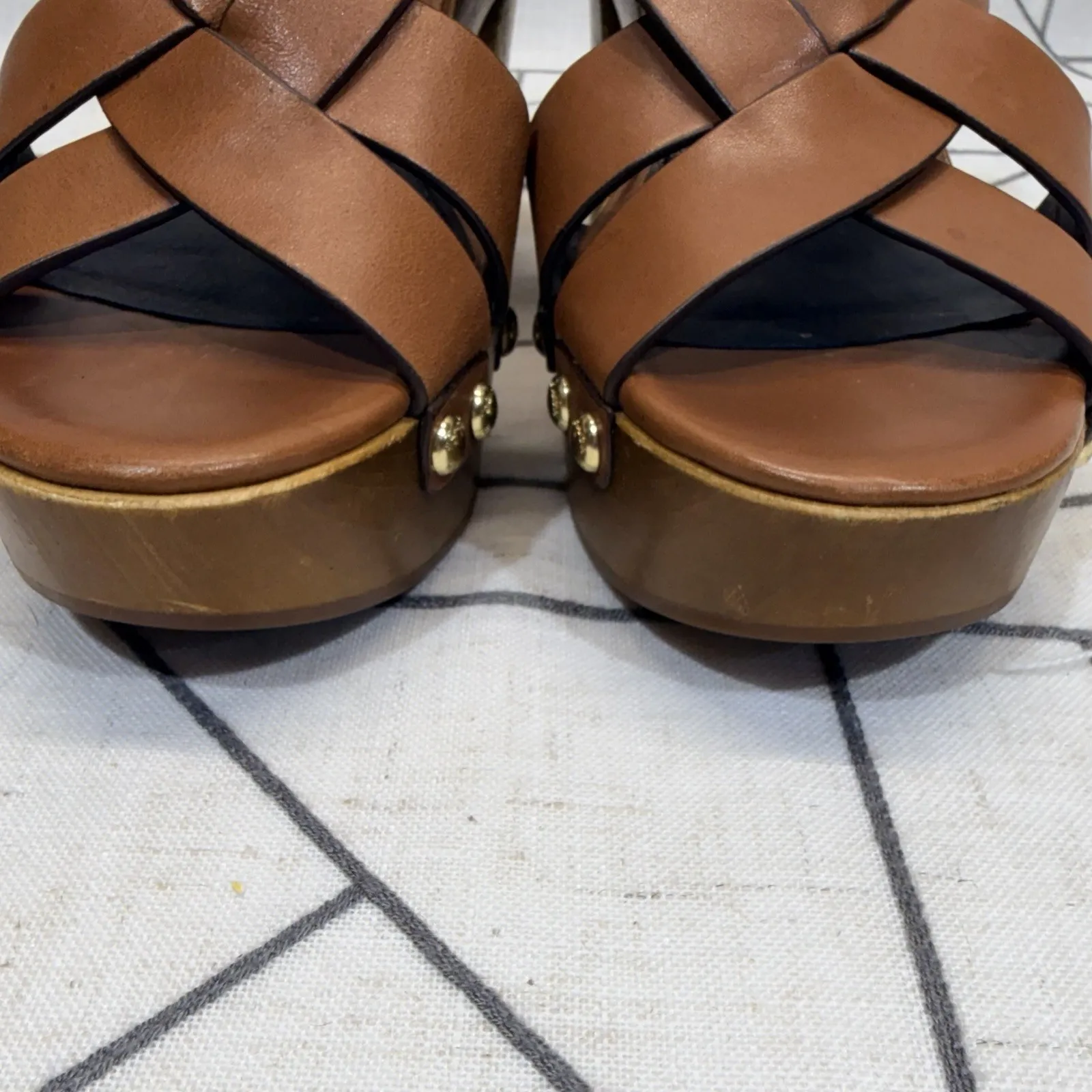 Coach Adessa Sz 7M Womens Studded Wood Clog Sandals Brown Leather 70s 80s Vibe - Image 9