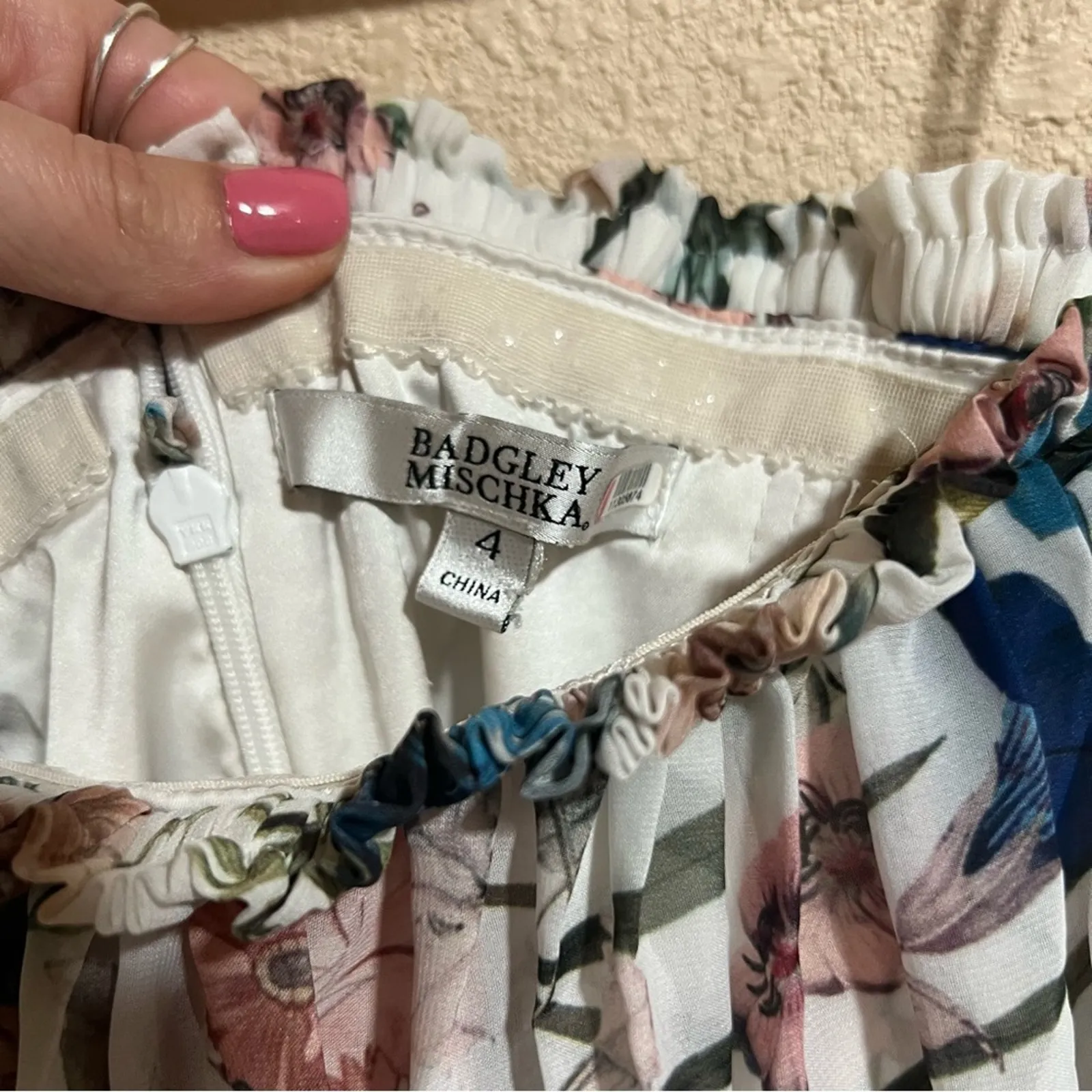 Badgley Mischka White Floral off the shoulder ruffle High Low Maxi Dress - Image 7