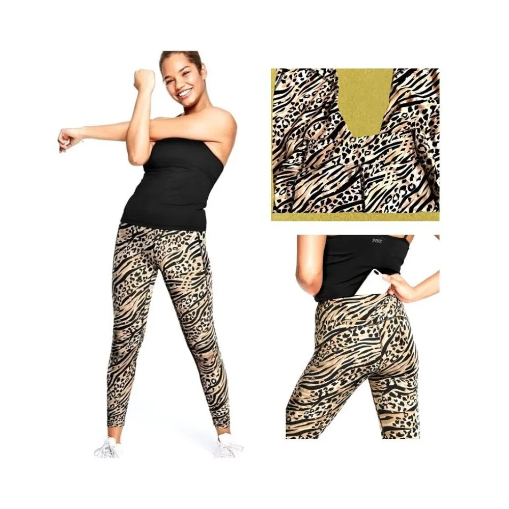 Victorias Secret Pink Sport Leggings Large Logo Leopard Print Cheetah Print Yoga Tan Size undefined - Image 2