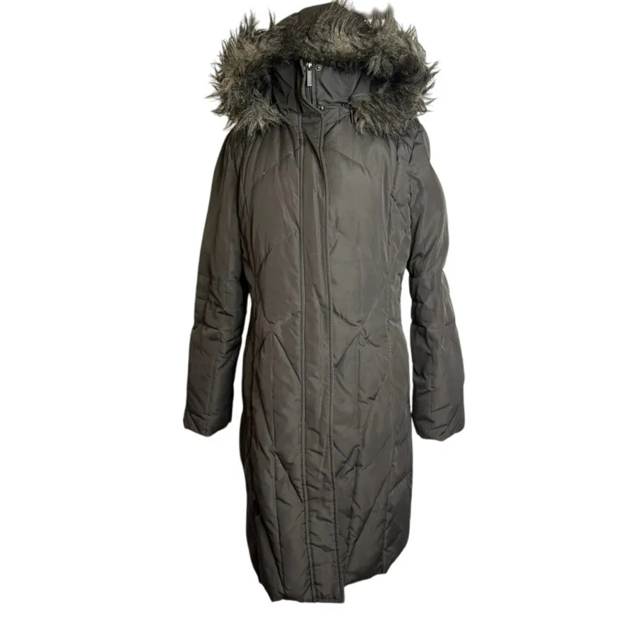 Calvin Klein Down Coat Long Puffer Jacket PM Faux Fur Hood Gray - Image 2