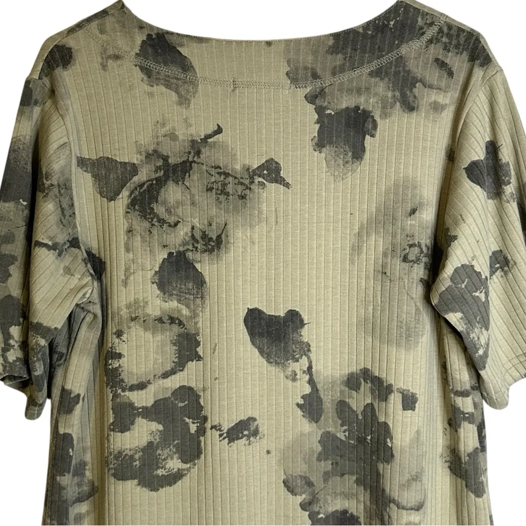 Yak & Yeti Olive Green Ribbed High Low Abstract Floral‎ Print Top Tassel Tie XL Size L - Image 6