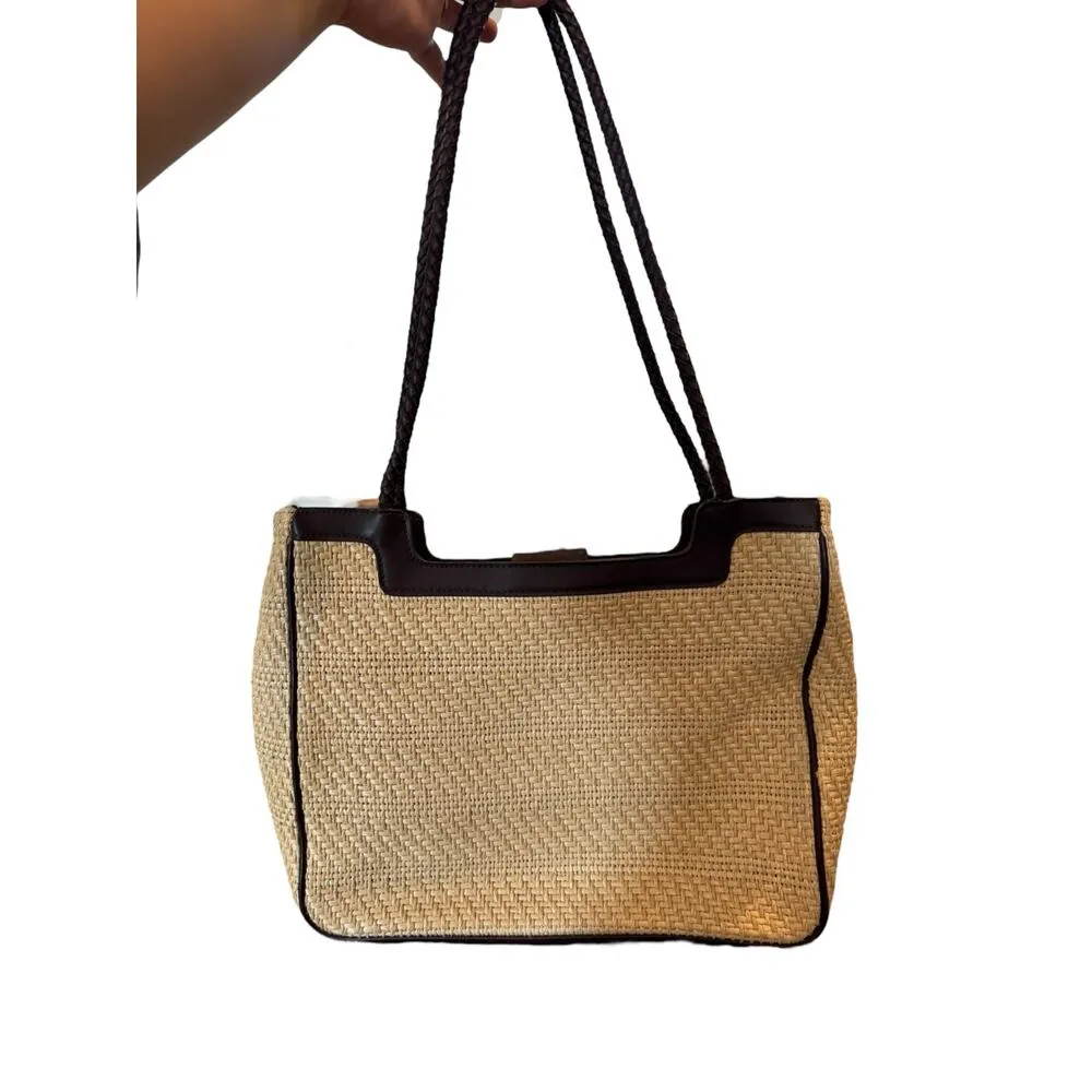 Etienne Aigner Straw Tote Bag Brown Leather Trim Shoulder Purse Preppy Coastal - Image 5