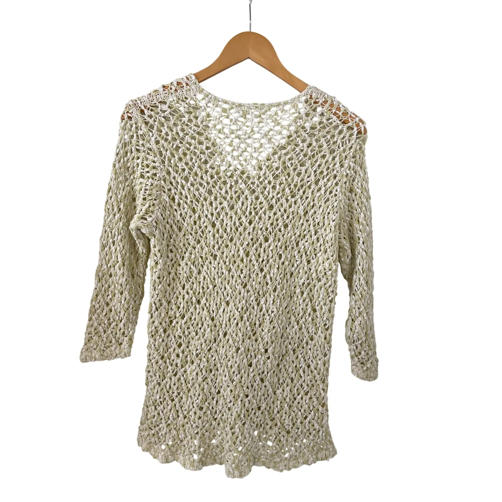 J. Jill Crochet Knit Top Cream Green V Neck 3/4 Sleeve Lightweight Sweater‎ Med - Image 3
