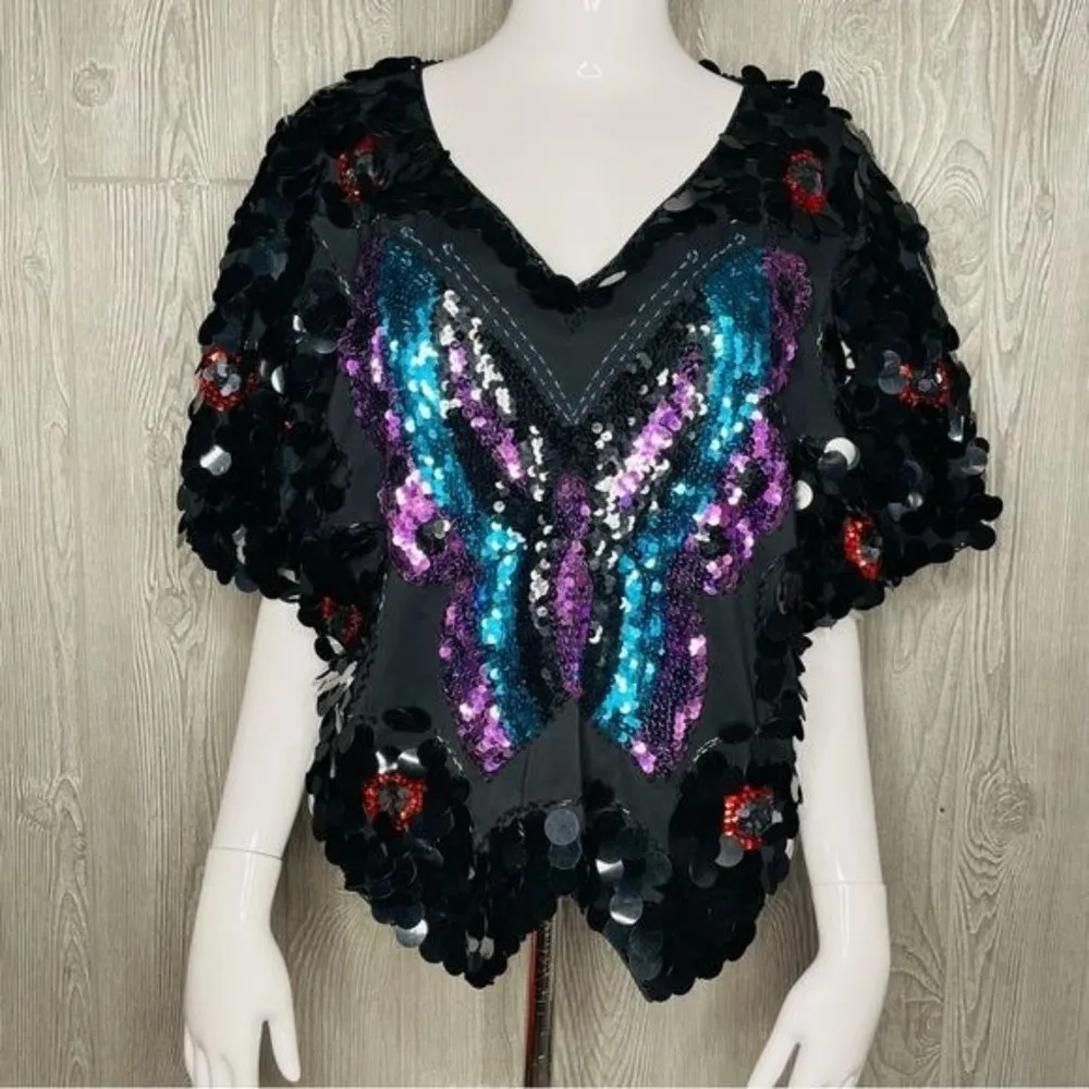Vintage sequin beaded butterfly shirt eras tour style purple black roughly mediu Size M - Image 5