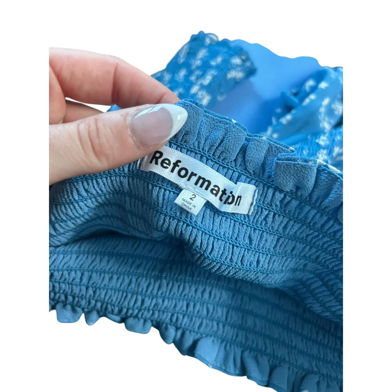 Reformation Elle Blue Floral Smocked Puff Sleeve Square Neck Mini Dress Size 2 - Image 8