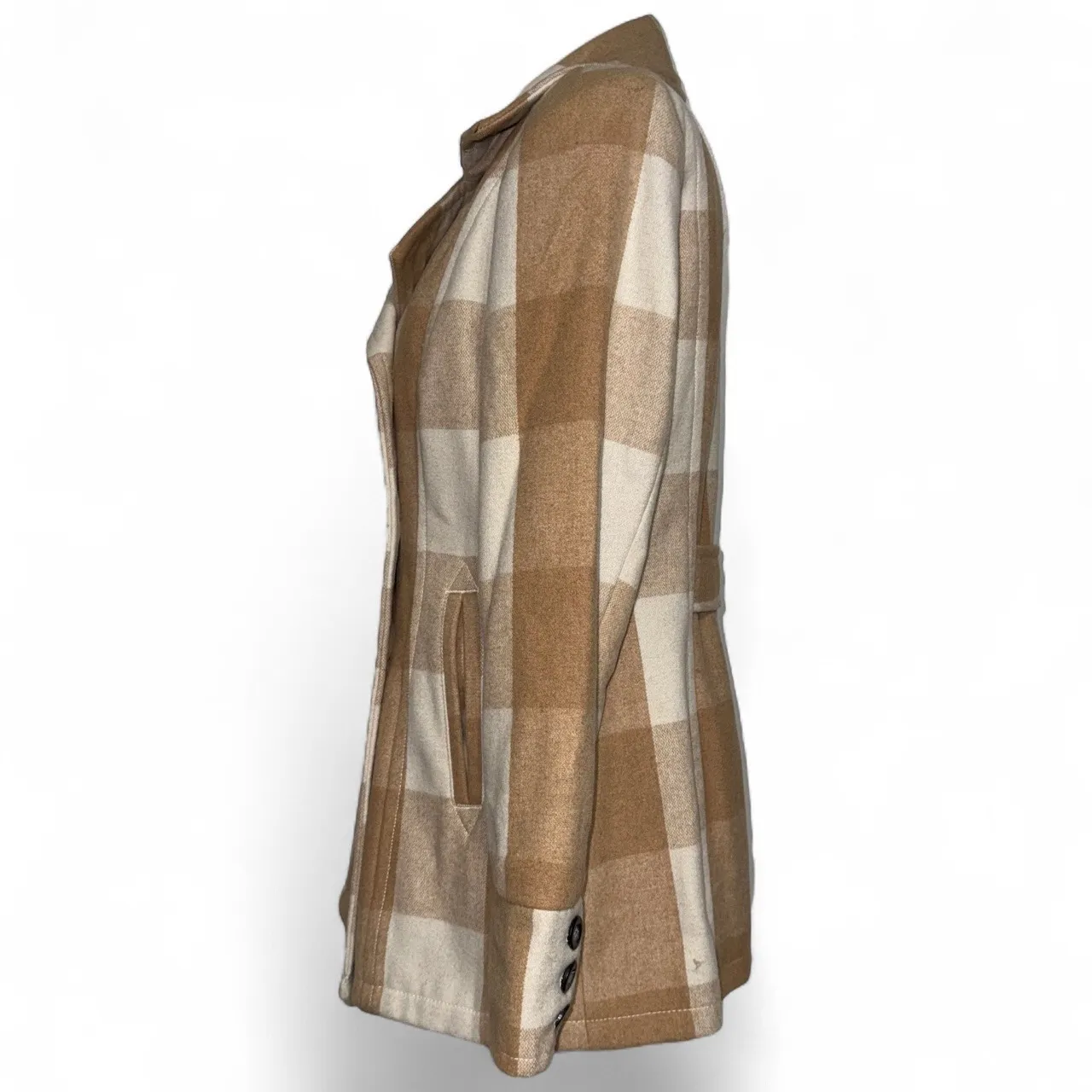 Bob Timberlake Plaid Wool Blend‎ Pea Coat Women's Medium Tan Beige Jacket - Image 4
