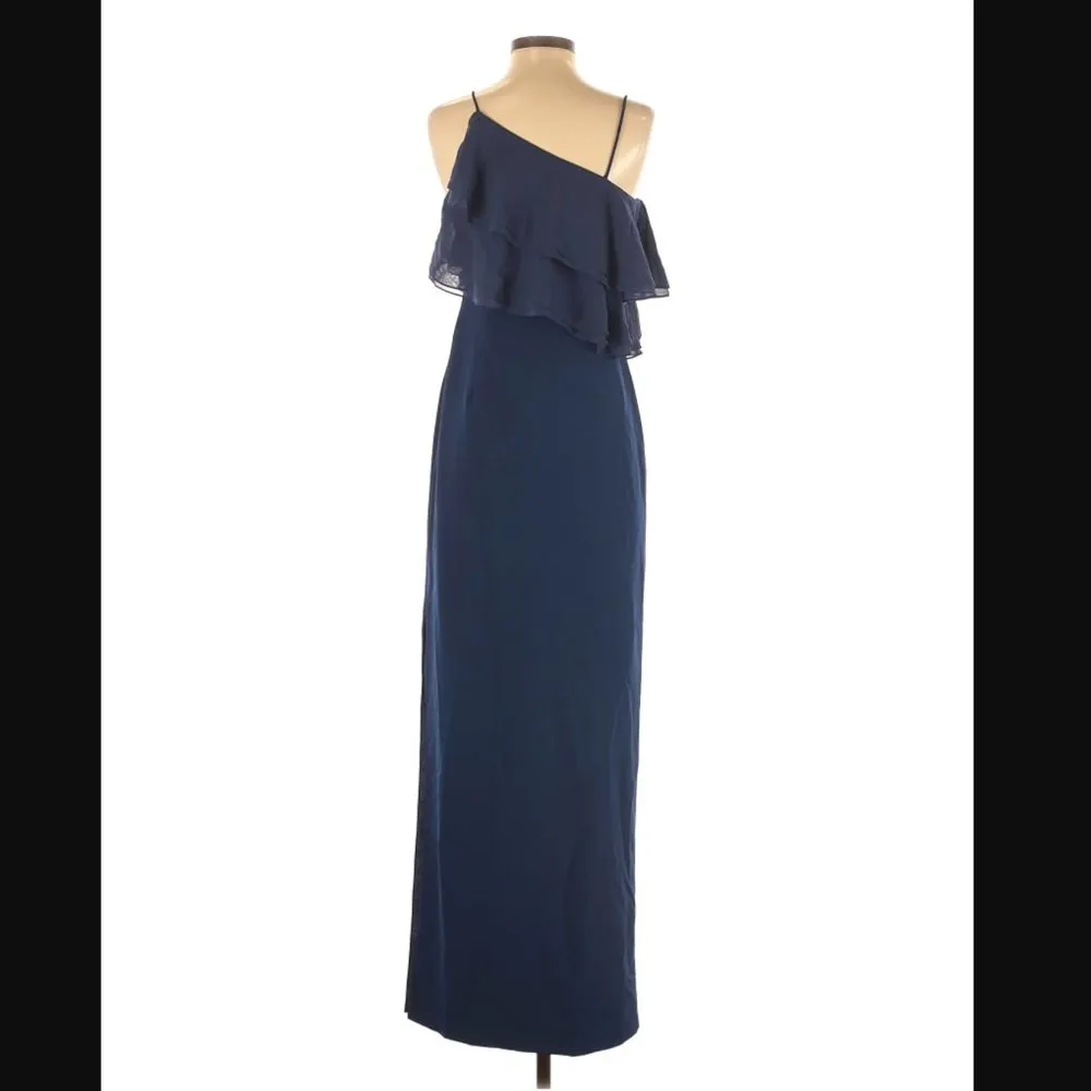 Aidan Mattox Dress 0 NWT Flounce Chiffon Crepe Maxi Slit Navy Blue Wedding Party - Image 7