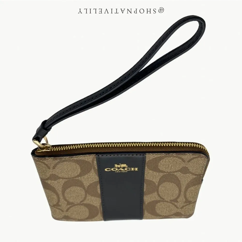 Coach Corner Zip Logo Wristlet In Signature Canvas With Stripe | Khaki/Black - Image 2