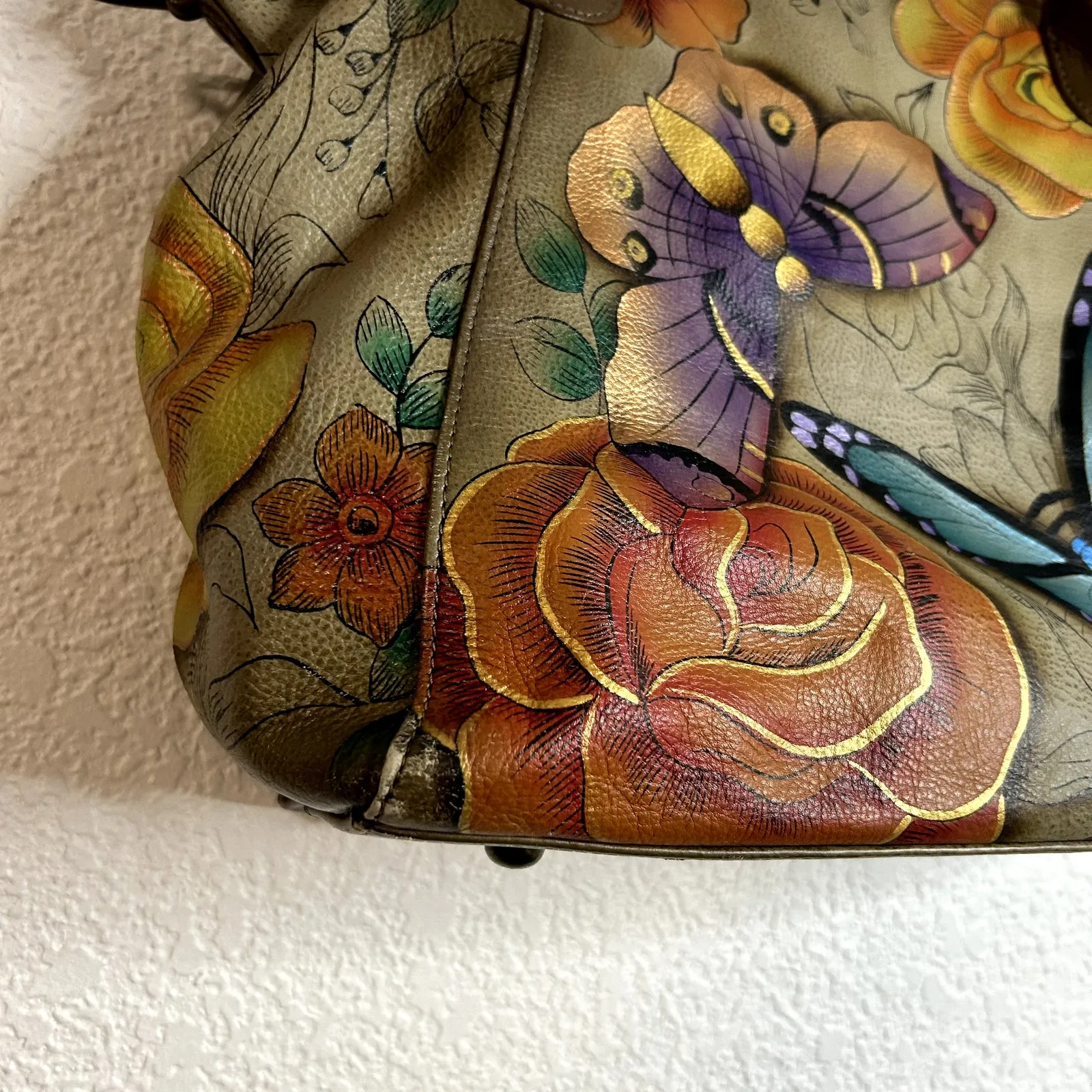 Anna Anuschka Double Handle Shoulder Bag Floral Butterfly Tote *No Crossbody - Image 5