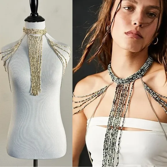 Free People Bohemian Beaded Festival Baez Body Chain Mustard Paprika Statement - Image 2
