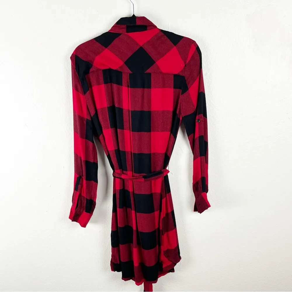 BEACH LUNCH LOUNGE Black & Red Checkered Belted Front Button Shirt Dress Small - Image 2