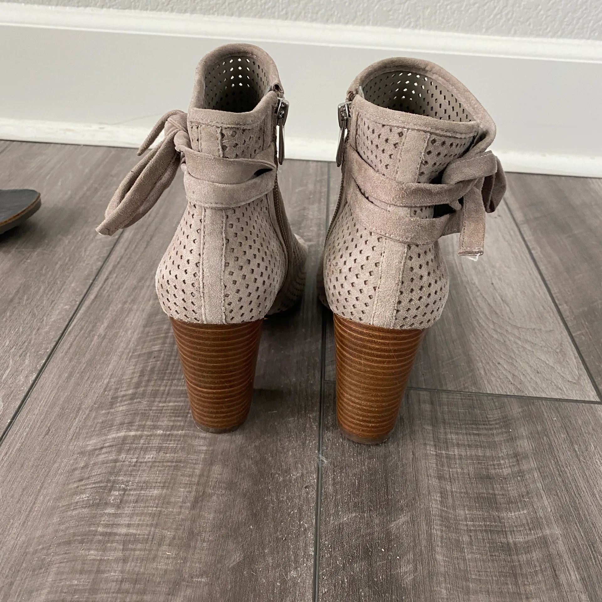 Open Toe Bootie Perforated Suede Bow Tie Taupe-8M - Image 6