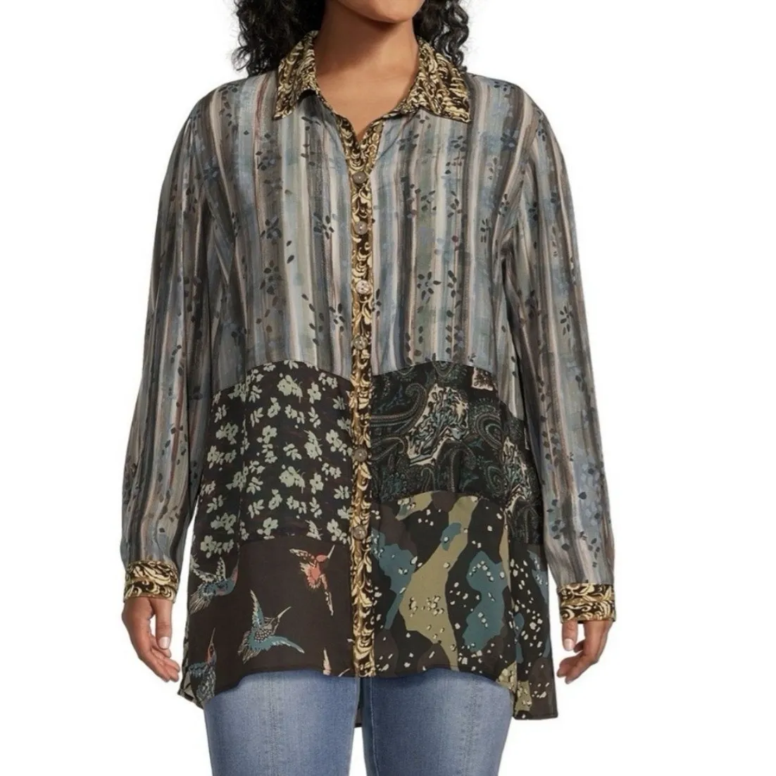 John Mark Mix Print Patched Button Front Tunic Blouse Top Size 1X Roll Tab - Image 12