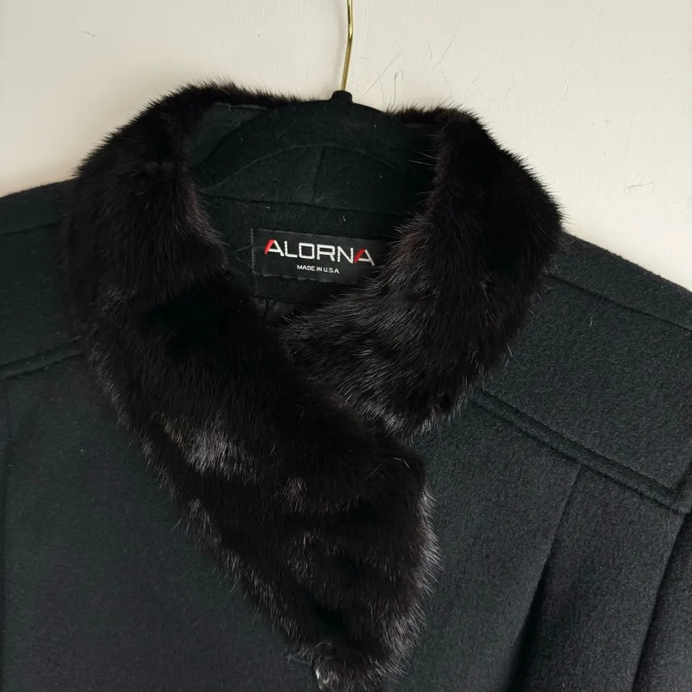 Vtg ALORNA 100% Wool Long Fur Collar Jacket Overcoat Black Size L - Image 4