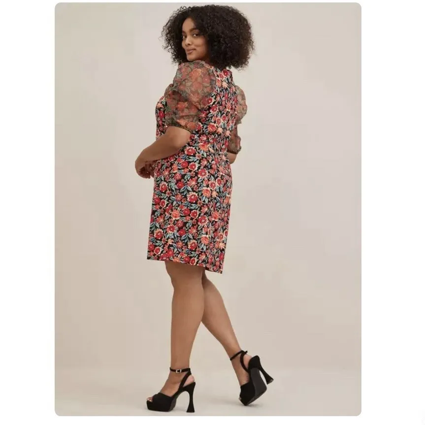 Torrid Colorful‎ Floral Crepe Organza Puff Sleeve Shift Dress Size 12 Pockets - Image 4