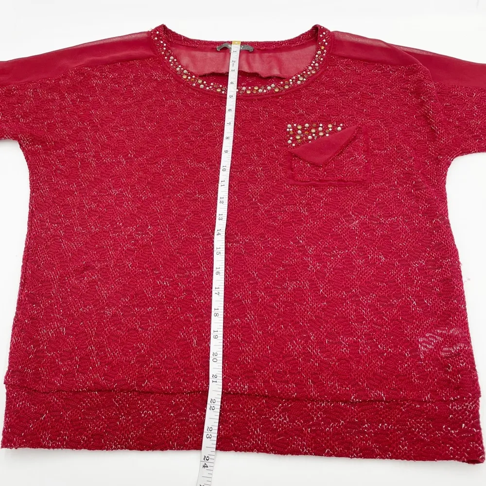 Miss Me Red Lace Knit Sequin Trim Foldover Pocket Short Sleeve Tee Size Medium - Image 12