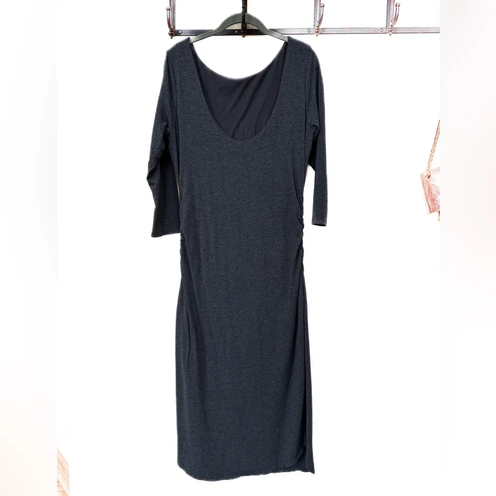 Athleta COMEBACK MIDI DRESS Gray Scoop Back 3/4 Sleeve Rouched Sides - Image 2