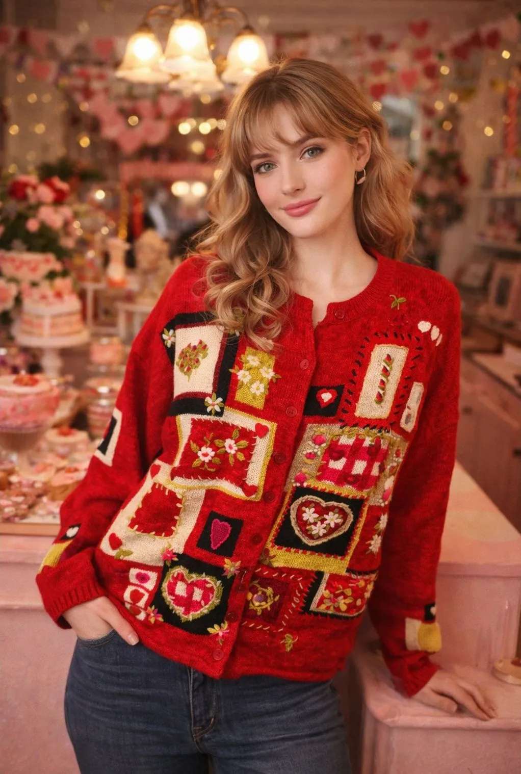 Valentine Patchwork Cardigan Sweater XL Heart Embroidered Cottagecore Grannycore Red - Image 1