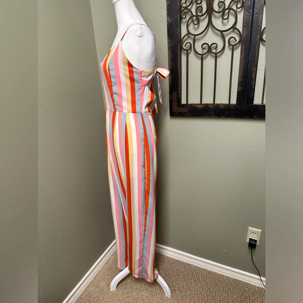 striped spaghetti strap open tie back zipper bodice jumpsuit - Image 2