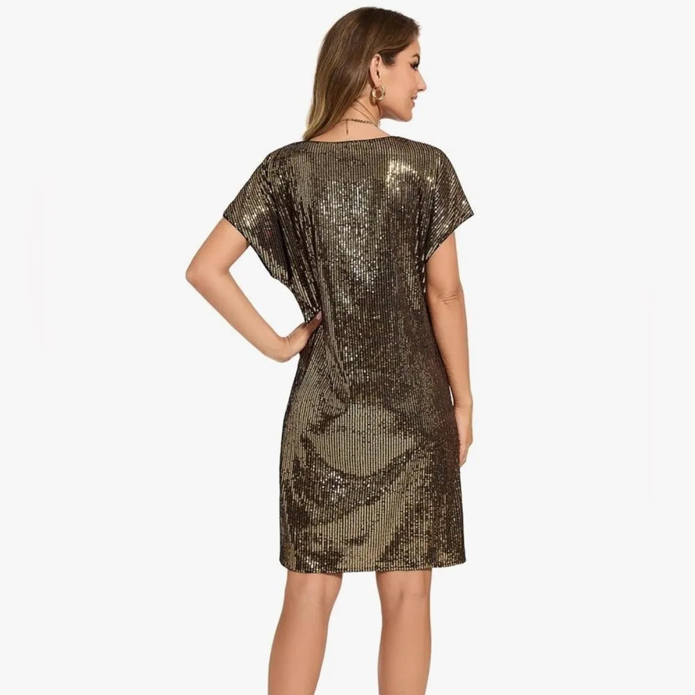 FEMI SEMI Women's Crewneck Sequin Shift Dress Short Sleeve Holiday XL NWT Gold - Image 4
