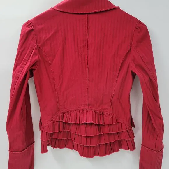 VTG 6 Degrees Y2K Cropped Jacket Juniors M Red Layered Ruffle Back Fitted Button - Image 2
