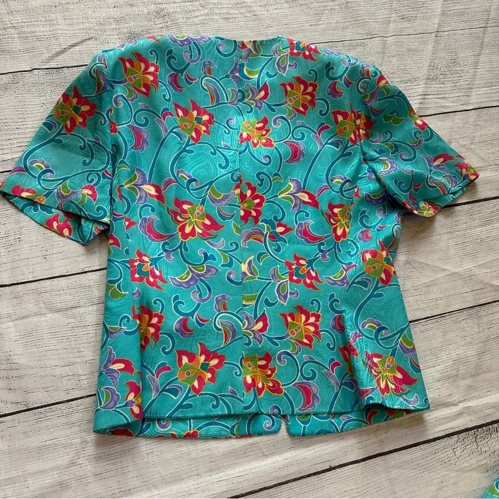 Vintage Adrianna Papell Bright Floral 100% Silk Top & Skirt Suit Set Size 12 - Image 12