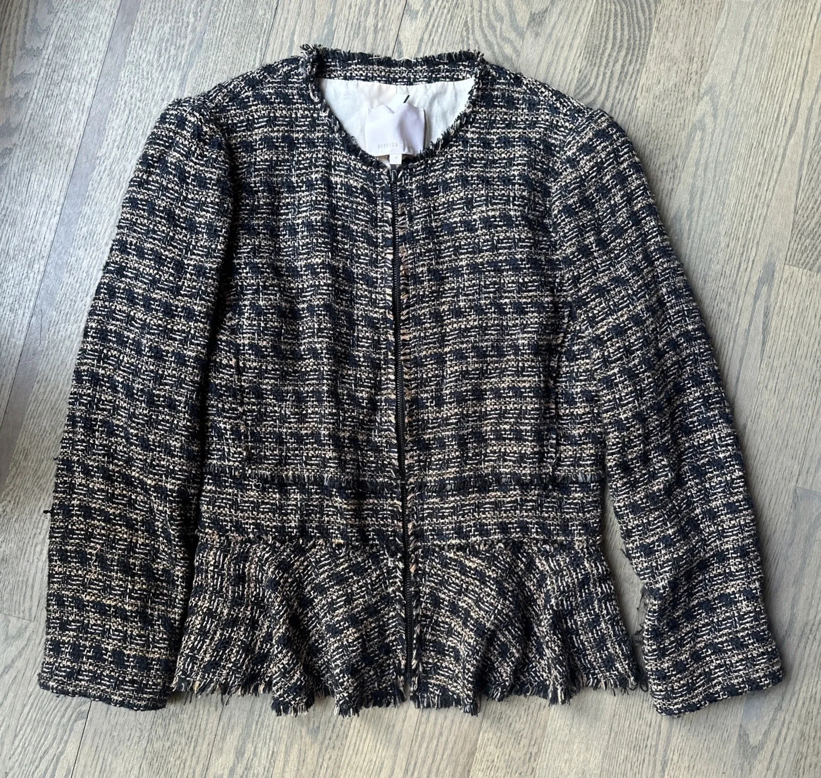 Rebecca Taylor Blazer Jacket Womens Size 4 Navy Zip-Up Tweed Peplum Wool Blend - Image 1