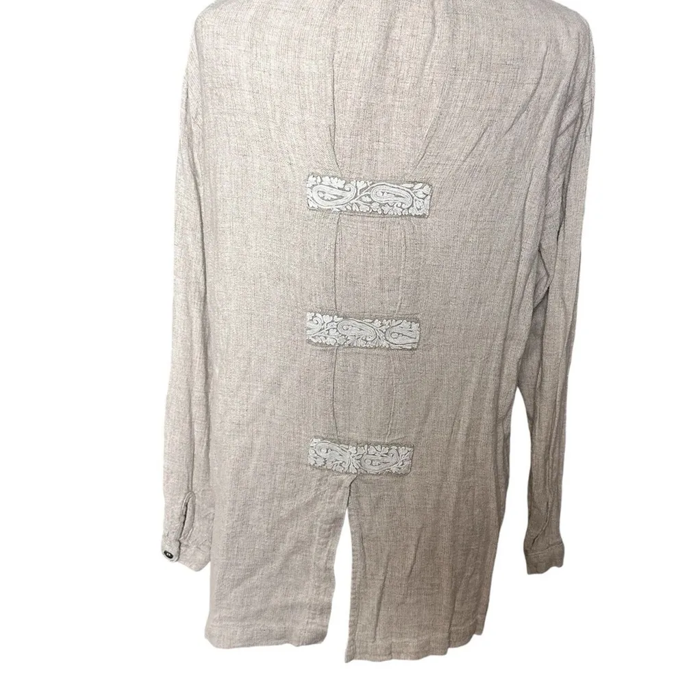 Linen Blend Top Pants Set Oatmeal Tweed Embroidered Long Sleeve Small - Image 8