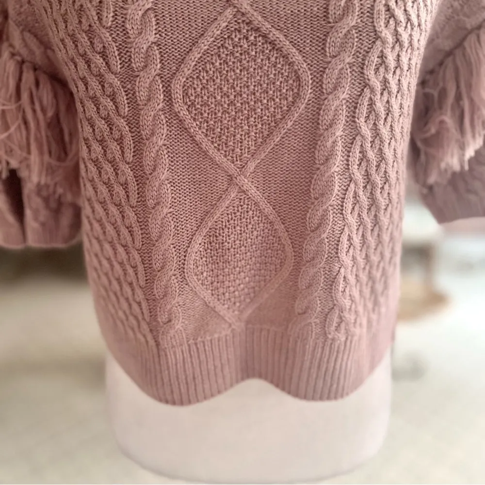 BB Dakota NWT Sweater Mauve Pink Cable Knit Crop Fringe Short Sleeve S Boho Chic - Image 7