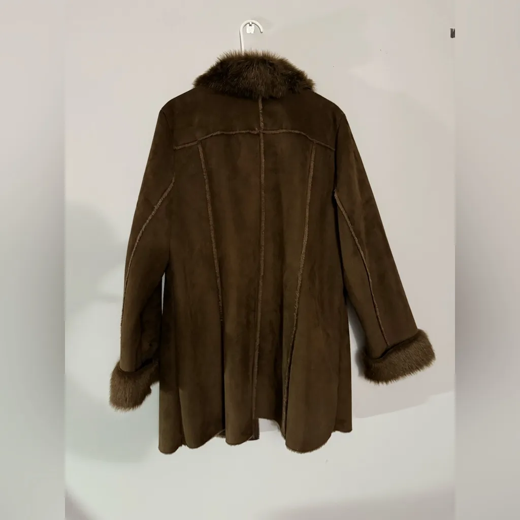 VTG DENNIS BASSO Brown Faux Fur Trimmed Coat Sherpa Warm Boho Eskimo Size XL - Image 11