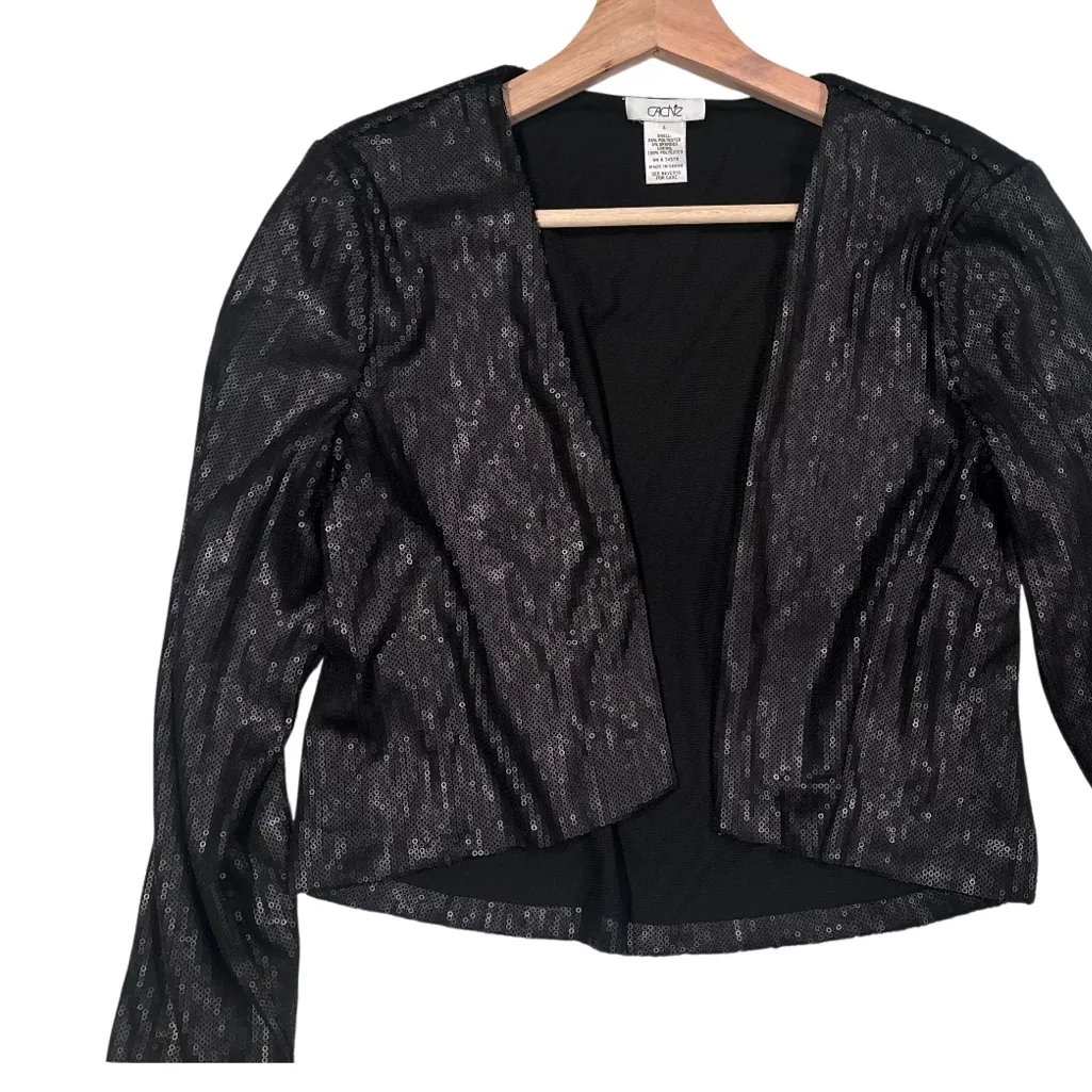 Vintage Cache Sequin Jacket Cardigan Cropped Matte Black Open Front Womens - Image 6