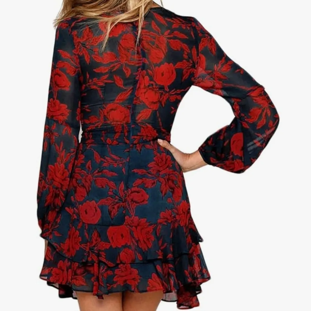 NWT! Uguest Charcoal Red Longsleeve V Neck Floral Mini Swing Dress S - Image 9