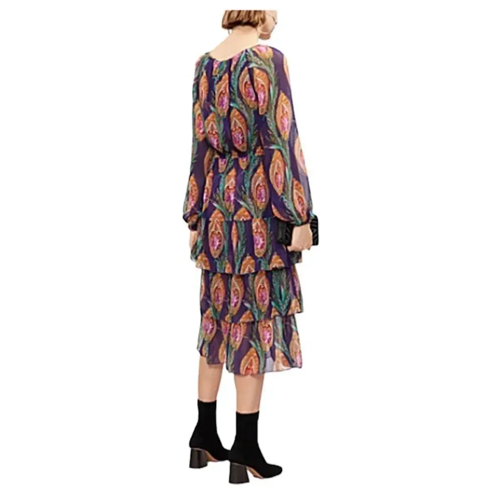The Kooples Multicolor Purple‎ Hindu Flower Print Silk Midi Dress Small - Image 4
