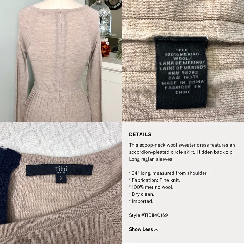 Tibi Cream Merino Wool Pleated Luxury Sweater Dress Long Sleeve Small - Image 9