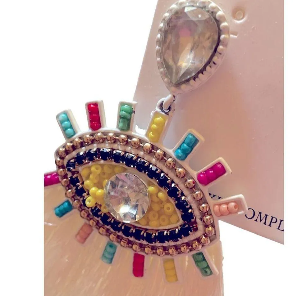 Wildflower Jeweled Multi Color Evil Eye Mystical Pair of Earrings NEW Yellow - Image 5