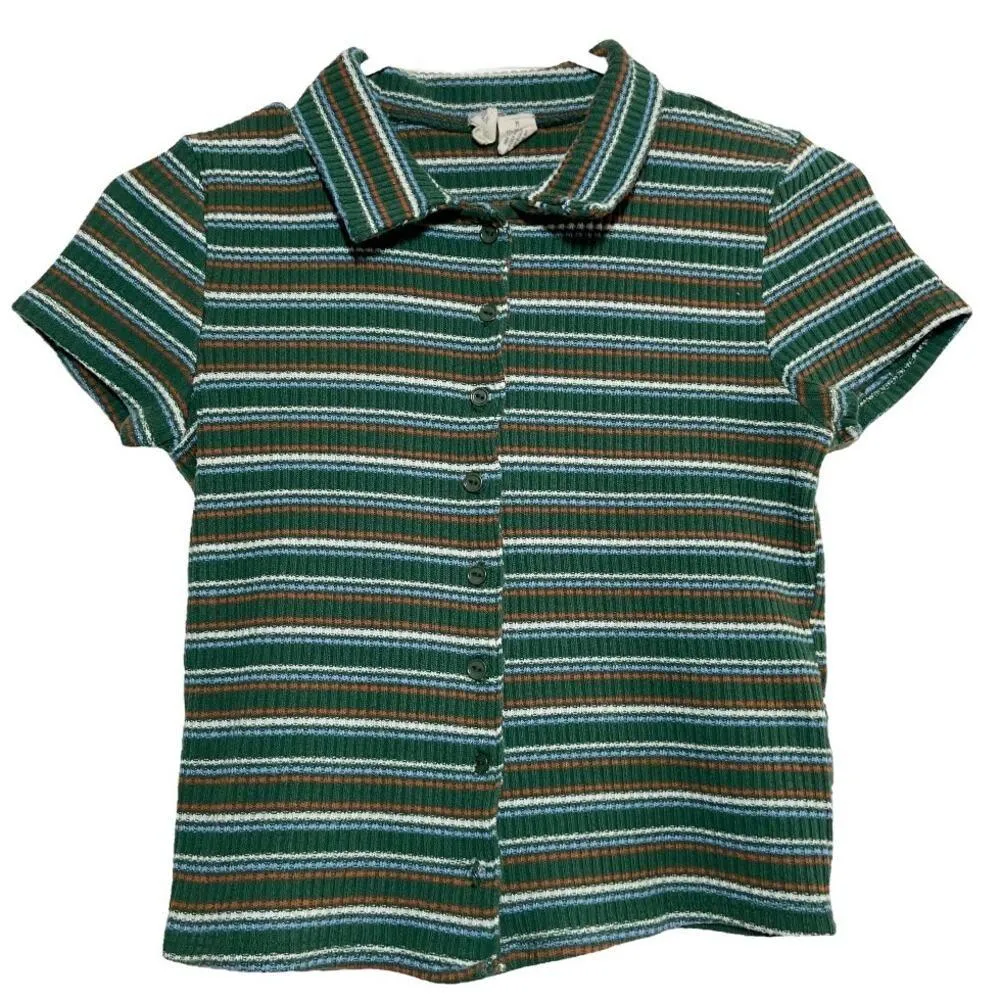 Sky and Sparrow Shirt Ribbed Knit Button Front Short Sleeve Striped Green M - Image 2