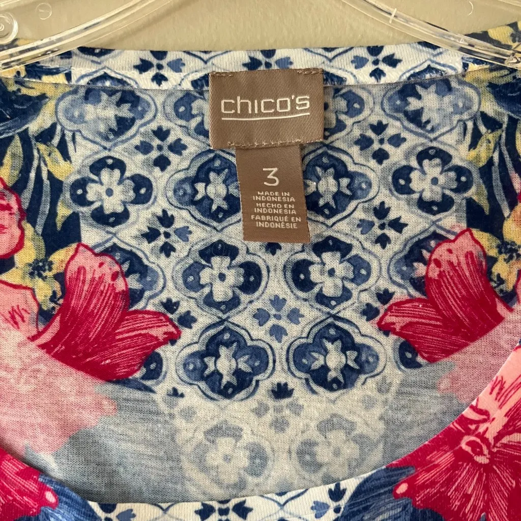 Chicos Sz XL Floral Slub Short Sleeve Tee Shirt Pullover Blouse Top Blue Pink - Image 2