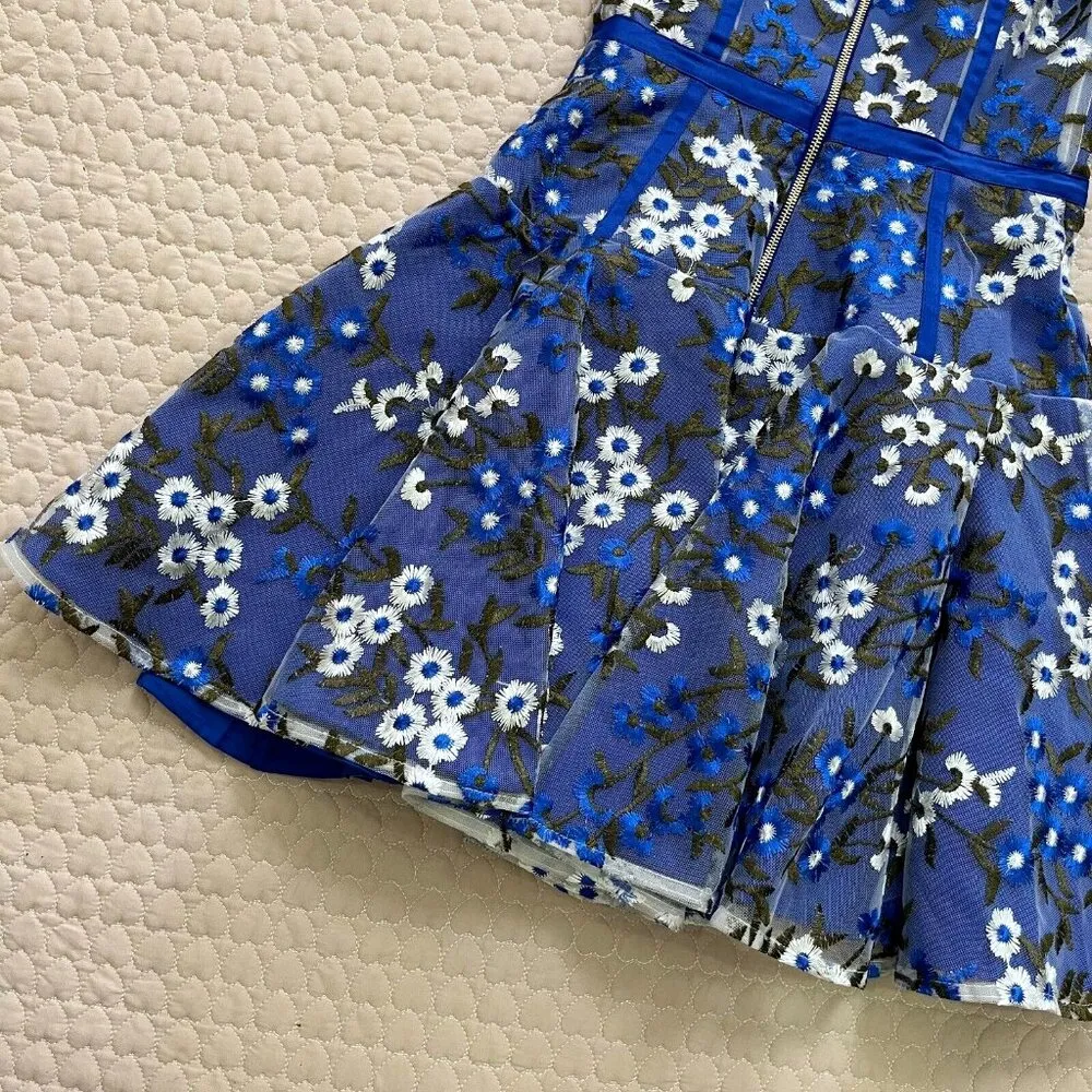 NWT $498 BRONX & BANCO Blue & White Floral Embroidered Mesh Cocktail Dress XS 2 - Image 15